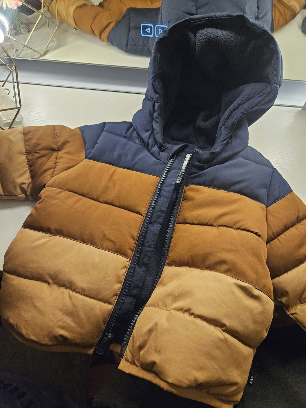 GAP Two-Tone Hooded Puffer Jacket - Brown & Navy